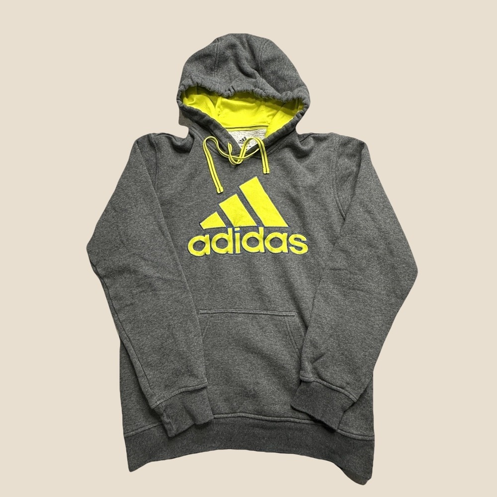 Adidas Hoodie Mens Small W58088 Gray Neon Yellow Pullover Graphic Sweatshirt